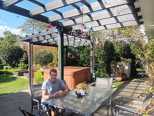 Enjoying coffee by the spa